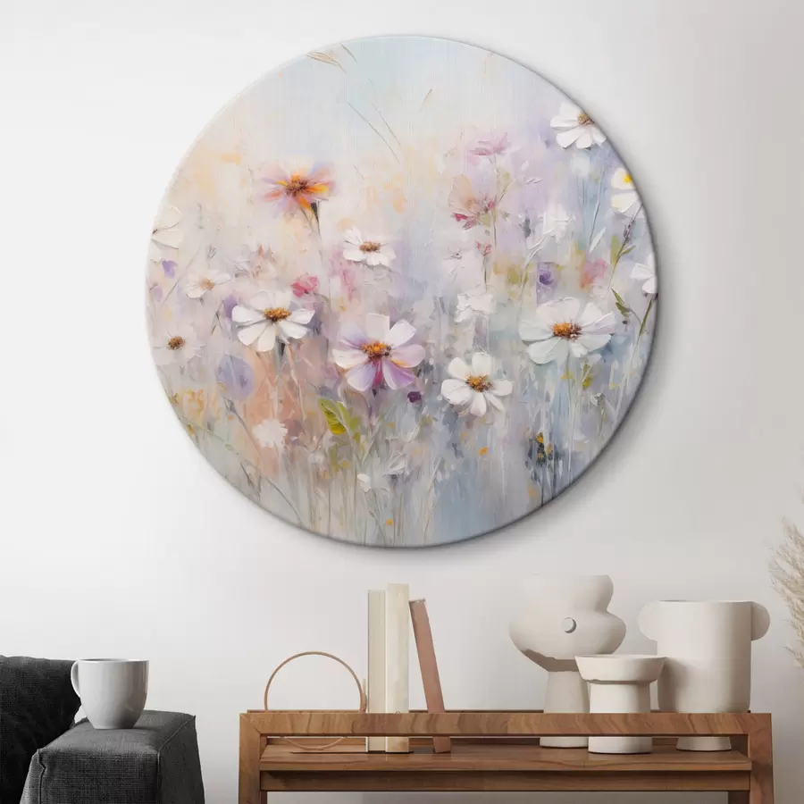 Wandbilder Abstraktes, strukturiertes Feld mit weißen und rosa Blumen, weiche Pastellfarben, zarte Pinselstriche, Blumenwiese r43170