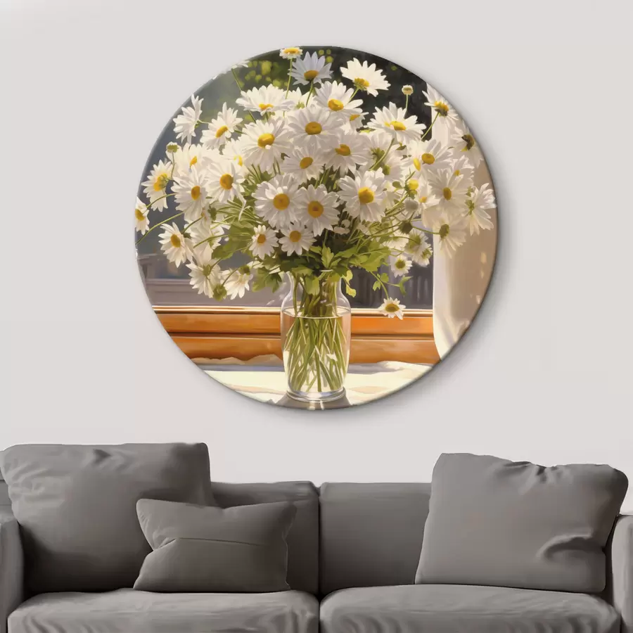 Wandbilder Ölgemälde Nachahmung einer Vase mit weißen Gänseblümchen auf einer Fensterbank, sonniger Tag, warme Farben Palette r43171