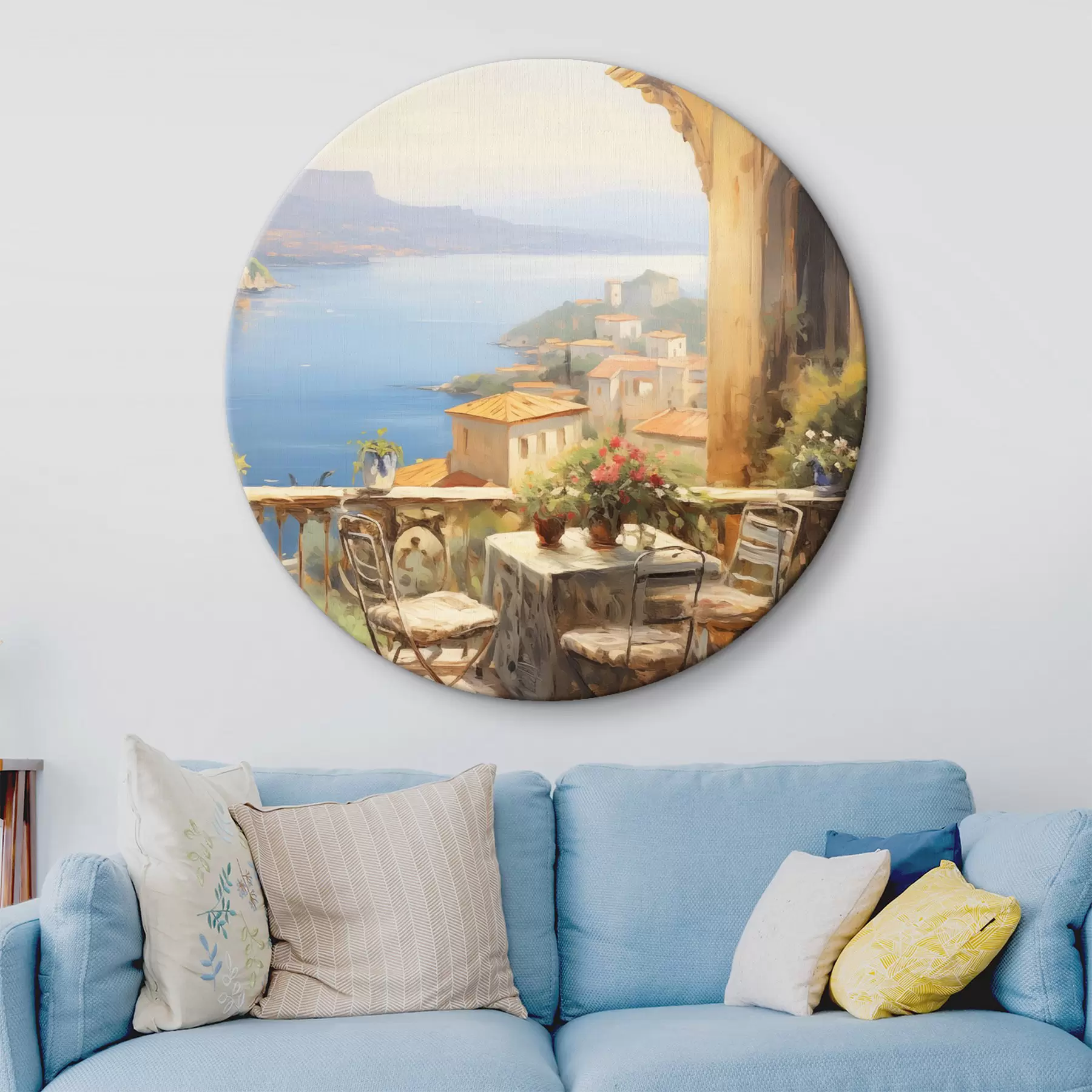 Wandbilder Ölgemälde Nachahmung von Balkon mit Blumen, mit Blick auf das Meer, Häuser an der Küste, sonniger Tag, blauer Himmel r43173