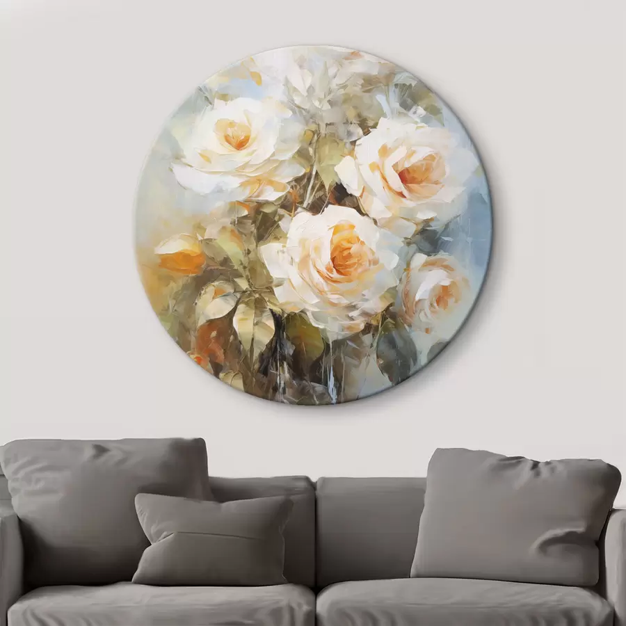 Wandbilder Weiße Rosen mit Orange, vor einem weichen, hellblauen Hintergrund, mit sichtbaren Pinselstrichen und einem malerischen Stil r43175