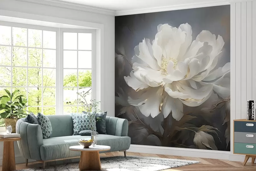 Fototapete Große weiße abstrakte Blume auf einem dunklen Hintergrund w08859