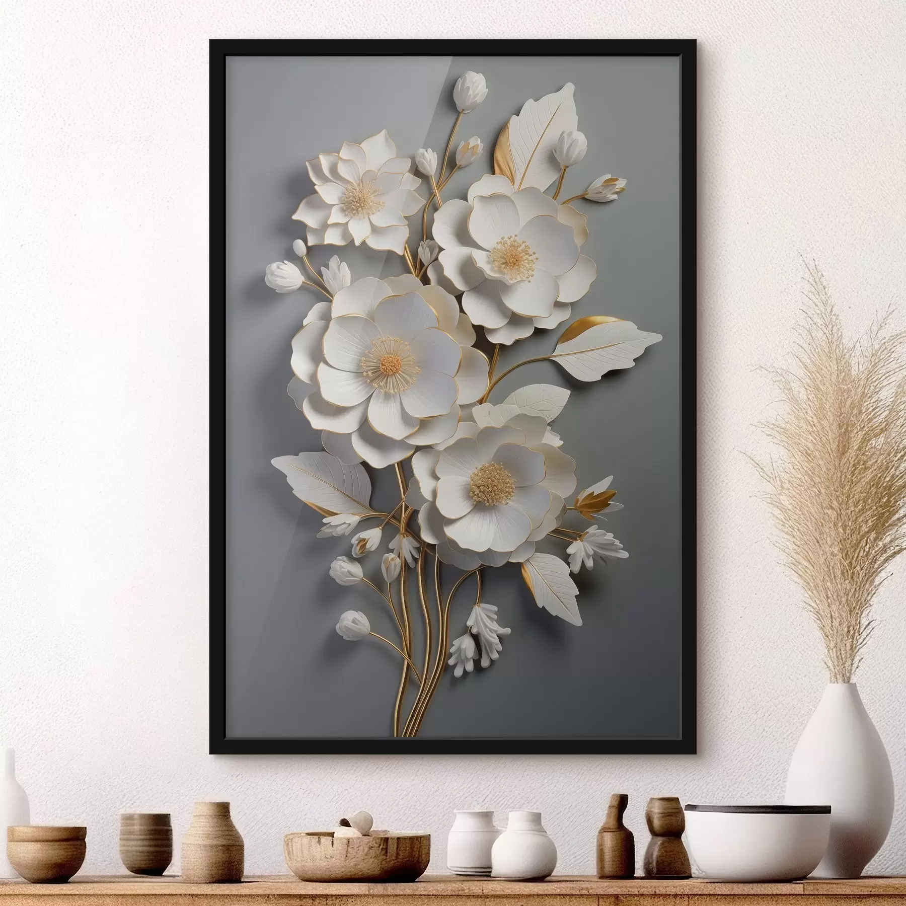 Fototapete Volumetrische Blumen auf grauem Hintergrund f43128