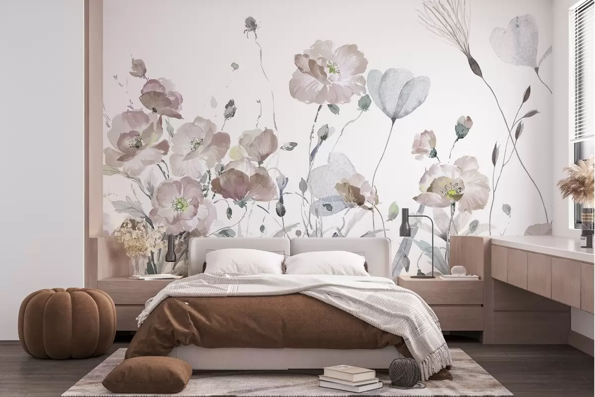 Fototapete Ein Aquarelltanz von Blumen auf einer weißen Leinwand w03256v1