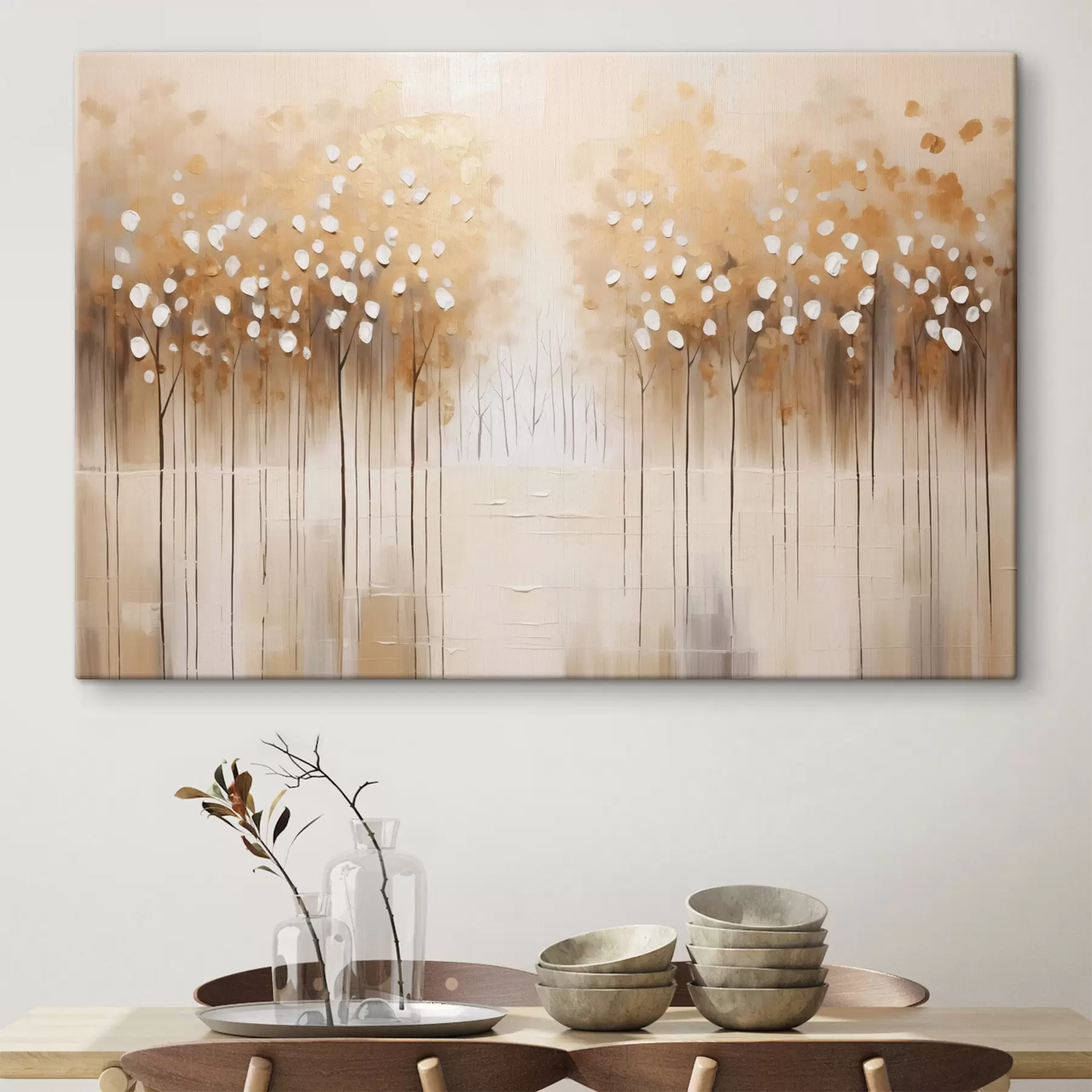 Wandbilder Ölgemälde Nachahmung von braunen Bäumen mit weißen Blättern in einem Wald mit einem Fluss in der Mitte, weißer Hintergrund s43172