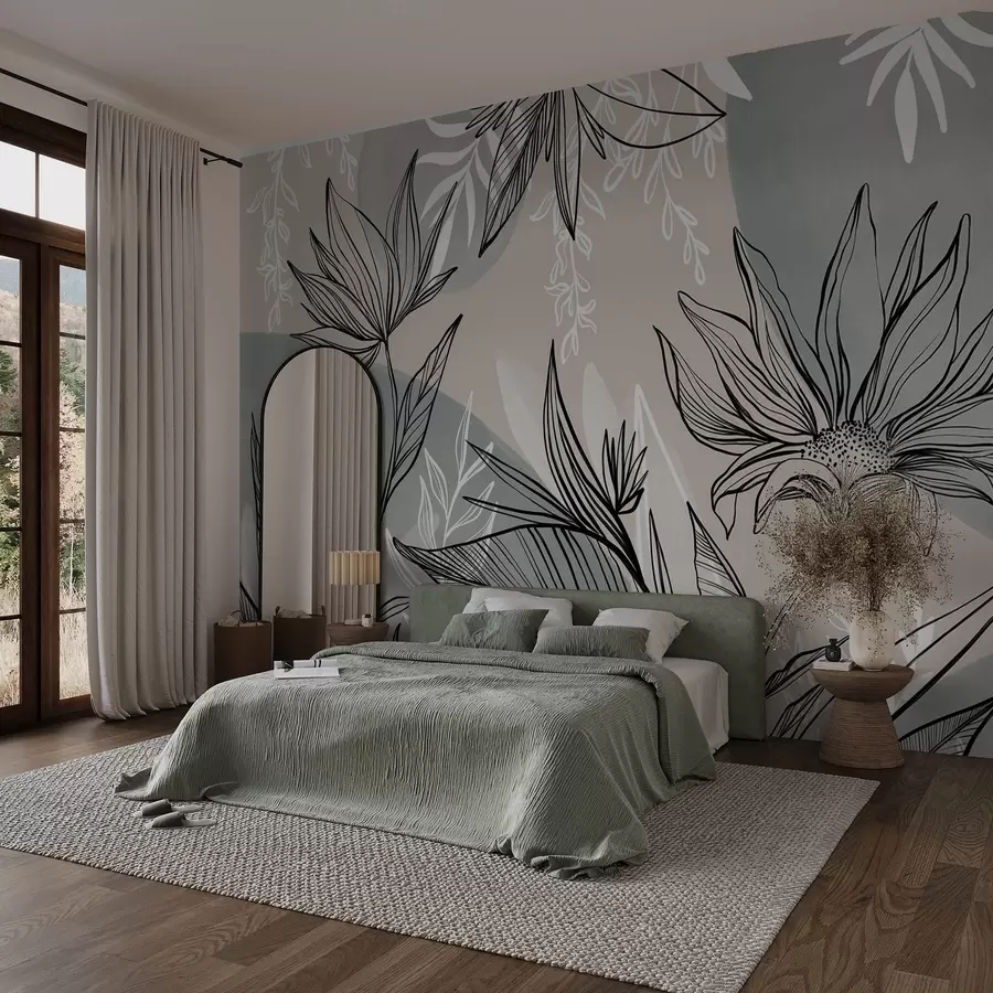 Fototapete Florale Strichgrafik mit großen Blättern und Blüten vor einem Hintergrund aus beigen und blauen Aquarelltupfern w08865