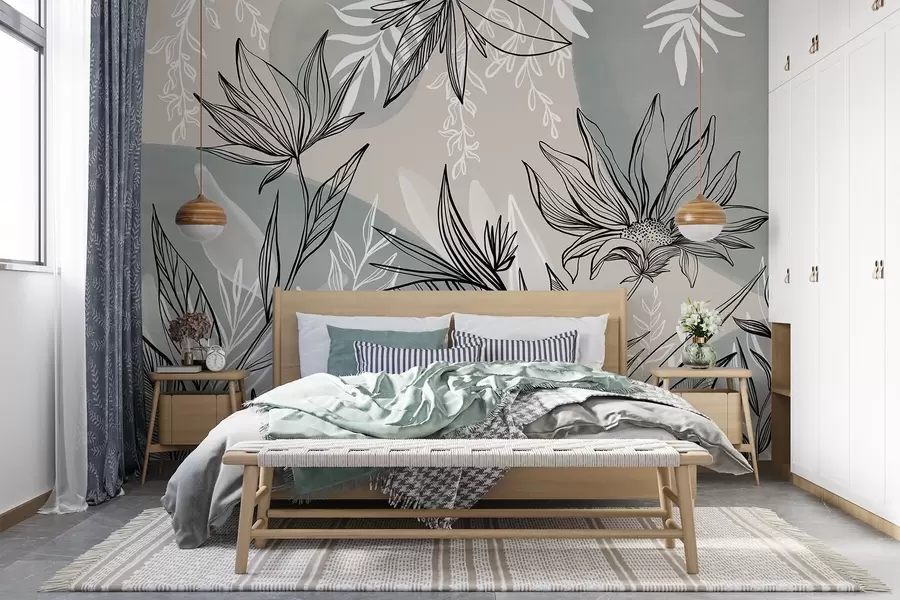 Fototapete Florale Strichgrafik mit großen Blättern und Blüten vor einem Hintergrund aus beigen und blauen Aquarelltupfern w08865
