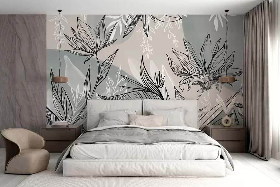 Fototapete Florale Strichgrafik mit großen Blättern und Blüten vor einem Hintergrund aus beigen und blauen Aquarelltupfern w08865