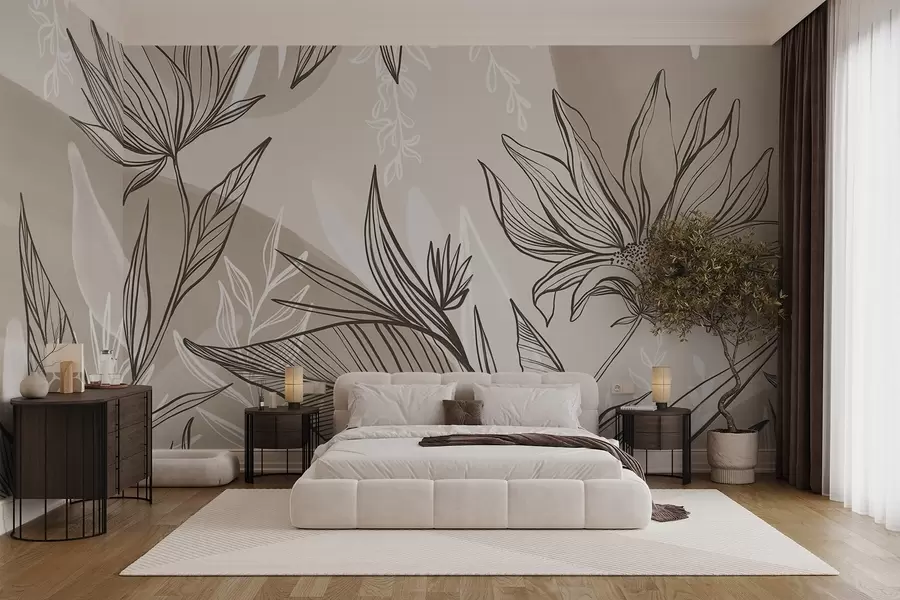 Fototapete Florale Strichgrafik mit großen Blättern und Blüten vor einem Hintergrund aus beigen Aquarelltupfern w08865v1
