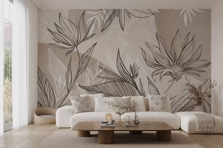 Fototapete Florale Strichgrafik mit großen Blättern und Blüten vor einem Hintergrund aus beigen Aquarelltupfern w08865v1