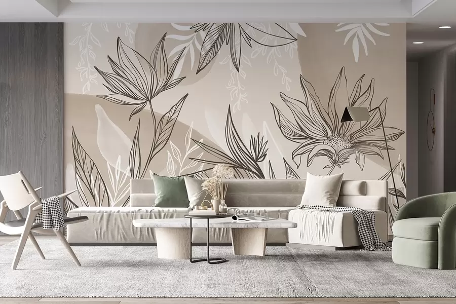 Fototapete Florale Strichgrafik mit großen Blättern und Blüten vor einem Hintergrund aus beigen Aquarelltupfern w08865v1