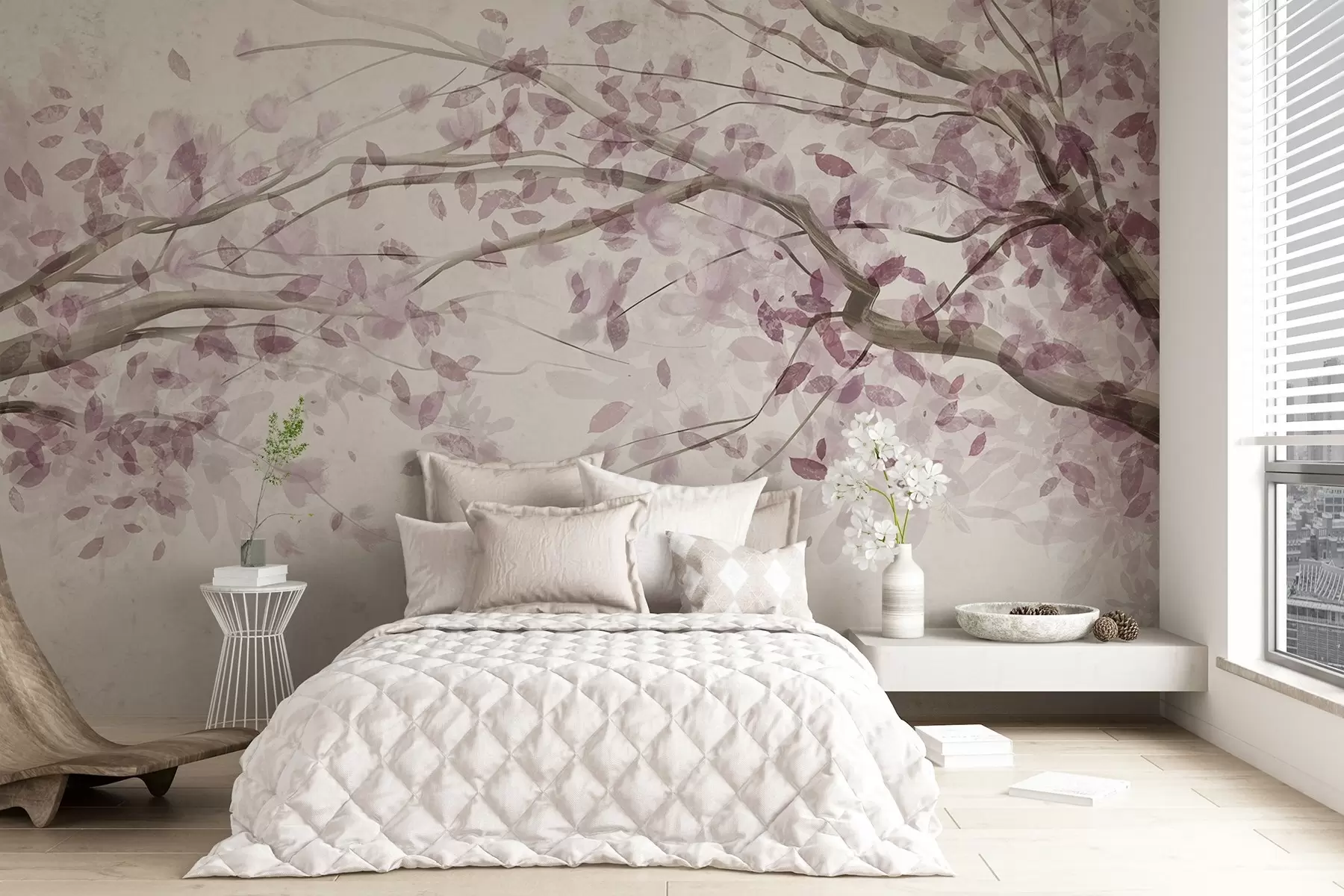 Fototapete Blossom Zweige mit rosa Blättern, weiche Farben, zarte Details, Aquarell-Stil, vor einem hellen Hintergrund w08867