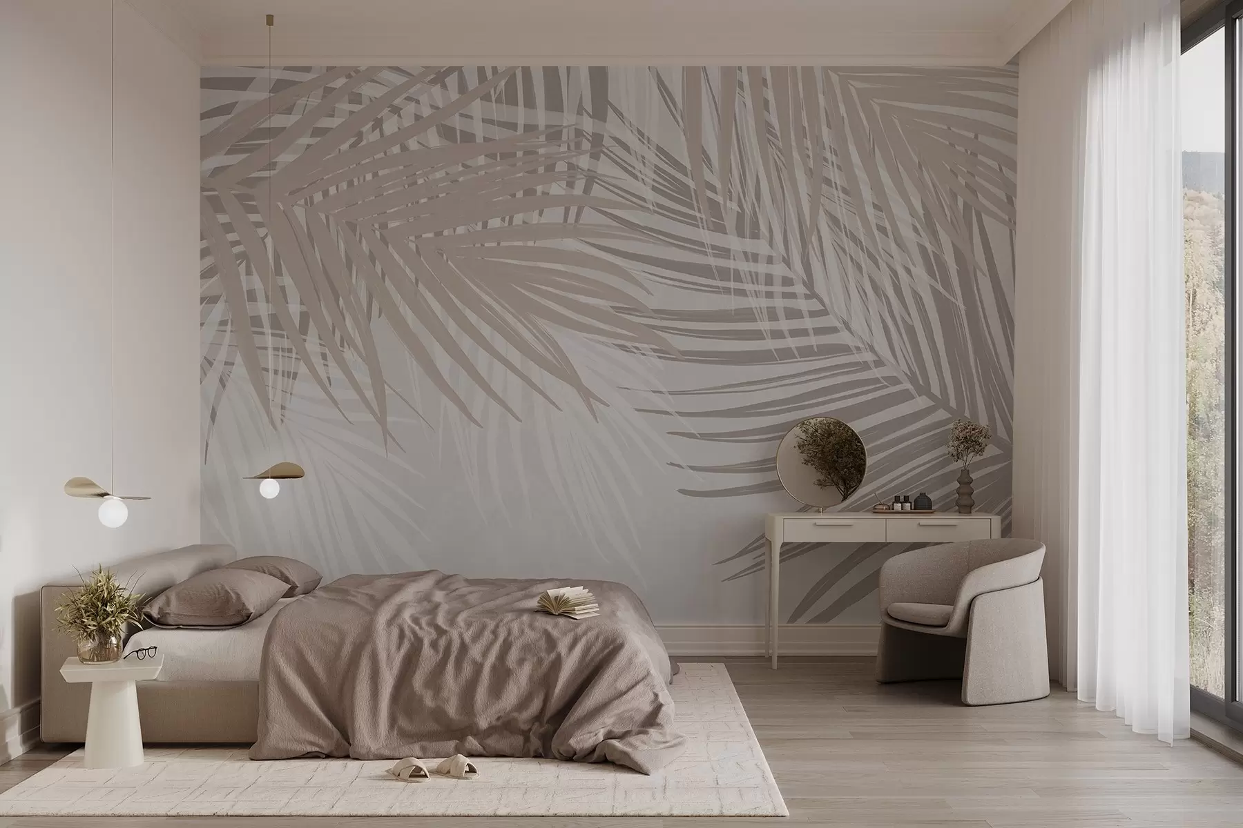 Fototapete Palmenblätter in hellen Beige- und Weißtönen, tropisches Blattwerk, sanfte Pastellfarben, minimalistisches Design w08869