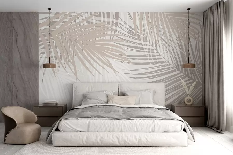 Fototapete Palmenblätter in hellen Beige- und Weißtönen, tropisches Blattwerk, sanfte Pastellfarben, minimalistisches Design w08869