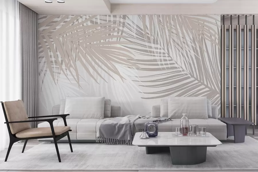 Fototapete Palmenblätter in hellen Beige- und Weißtönen, tropisches Blattwerk, sanfte Pastellfarben, minimalistisches Design w08869