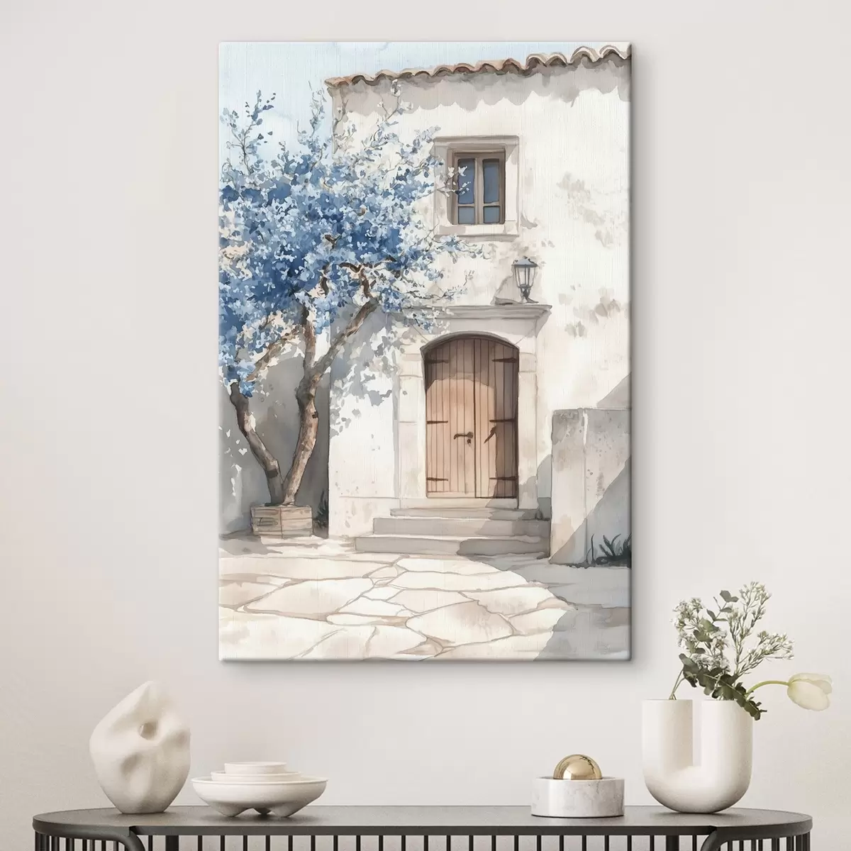 Wandbilder Griechisches Haus mit schönem Baum, Architektur, Aquarellstil s43178