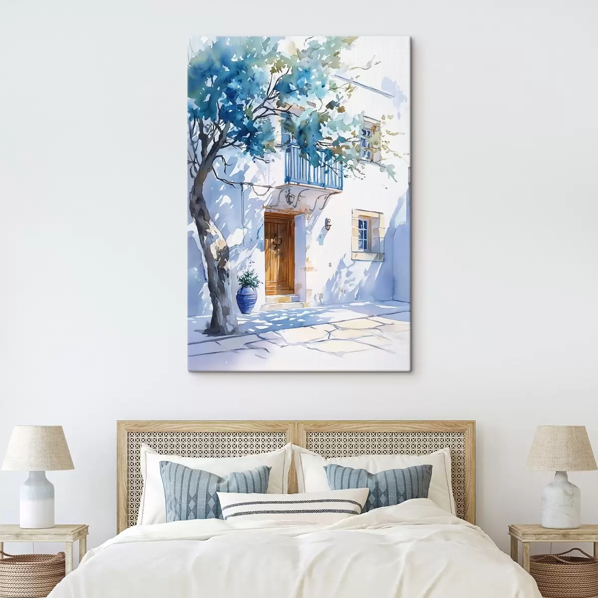 Wandbilder Aquarellstil, griechisches Haus, blühender Baum, Architektur s43182