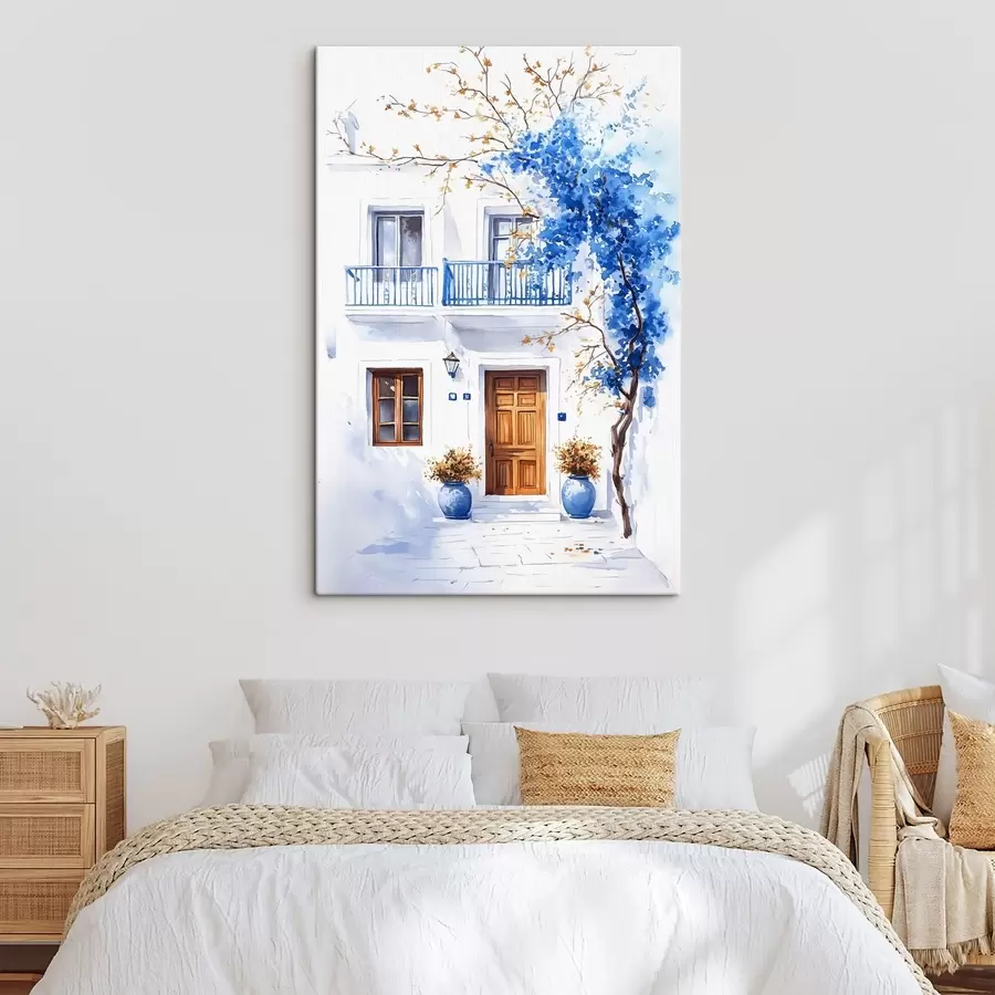 Wandbilder Blühender Baum mit blauen Blumen, weißes Haus, Griechenland, Aquarellstil s43183
