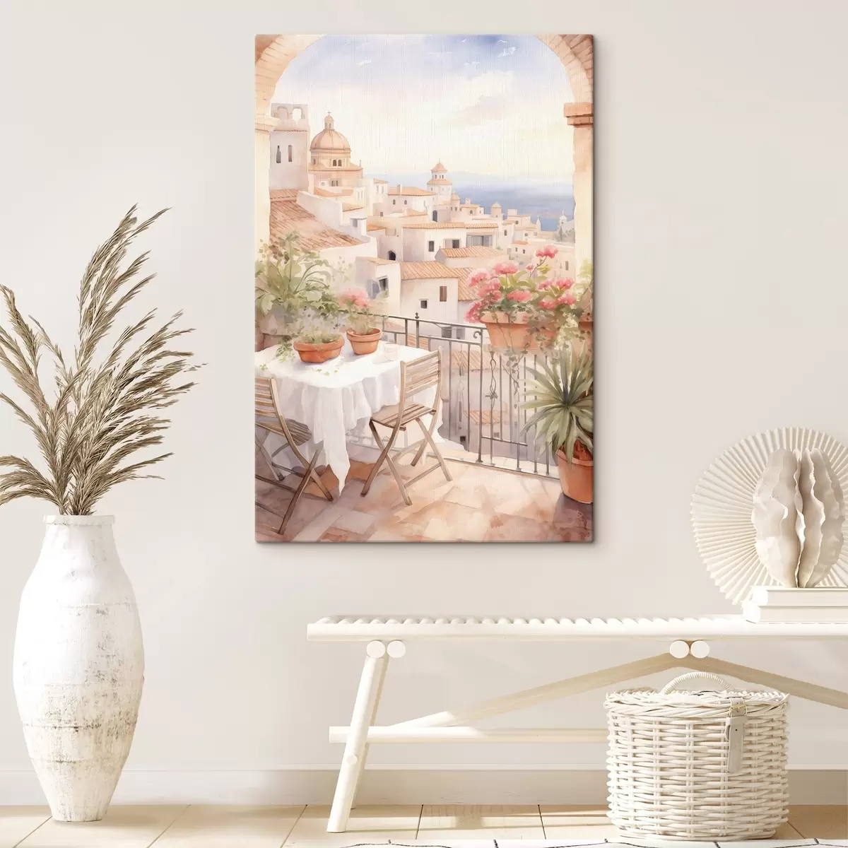 Wandbilder Sonnenuntergang auf dem Balkon, Italien, Architektur, blühende Blumen, Aquarellstil s43184