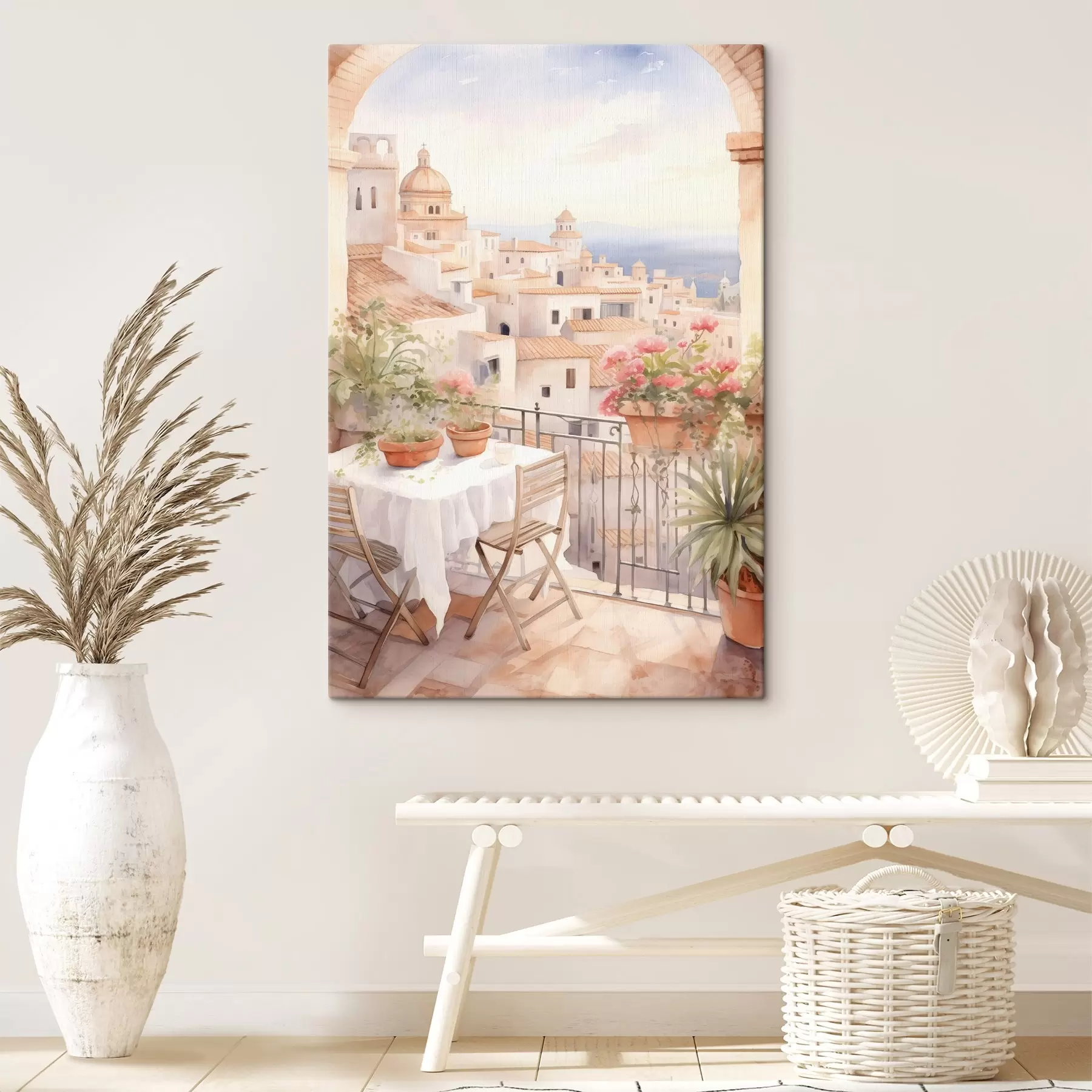 Fototapete Sonnenuntergang auf dem Balkon, Italien, Architektur, blühende Blumen, Aquarellstil s43184