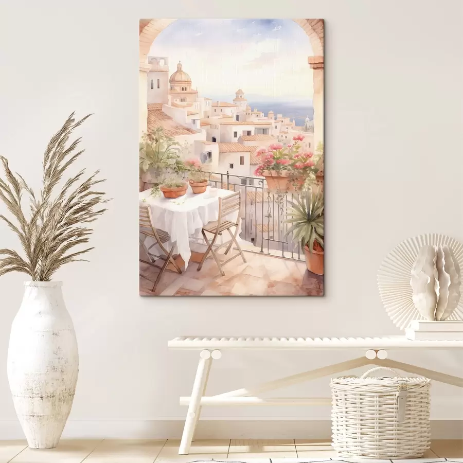 Wandbilder Sonnenuntergang auf dem Balkon, Italien, Architektur, blühende Blumen, Aquarellstil s43184