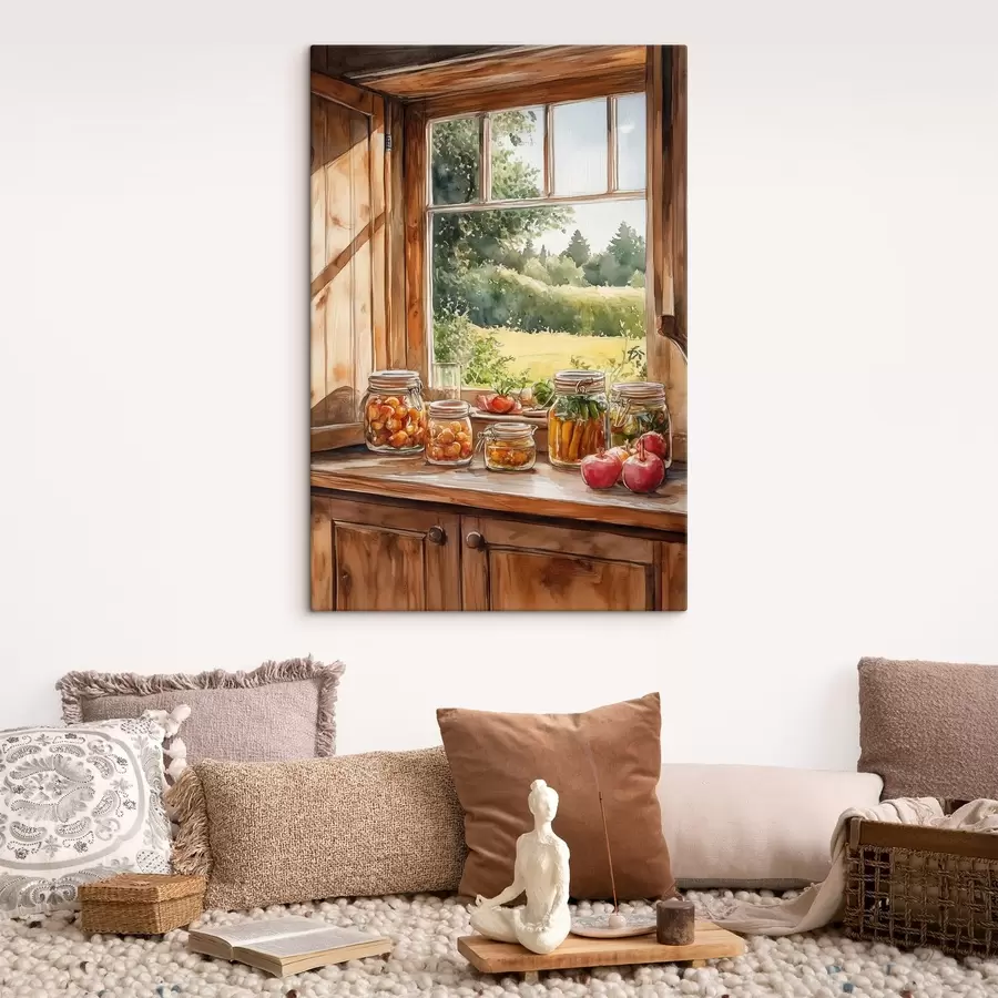 Wandbilder Dorfästhetik, Holzhaus, Sommernatur, Gemüse, Aquarellstil s43185