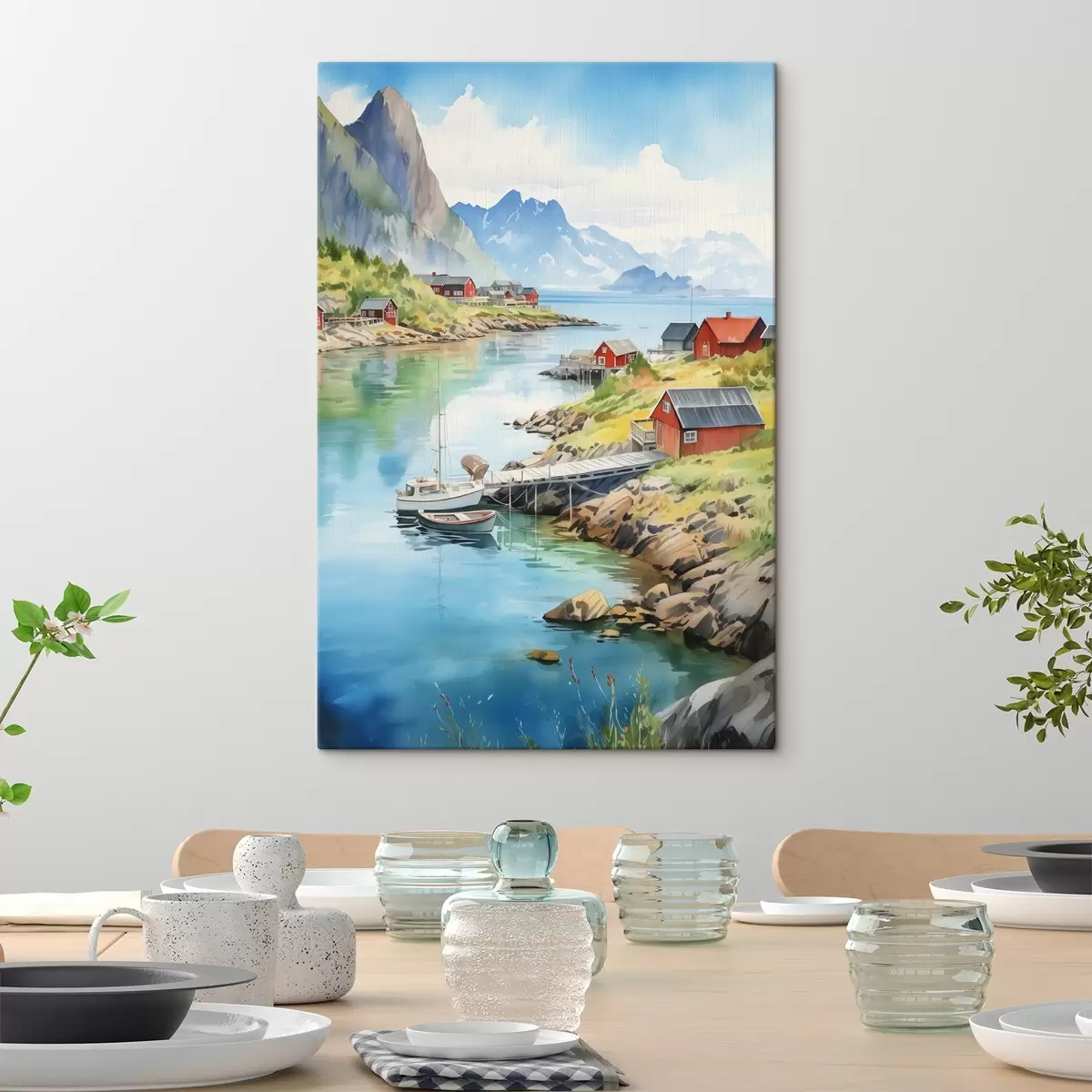 Wandbilder Lofoten Inseln Sommerlandschaft, rote Häuser, Berge, Boote s43187