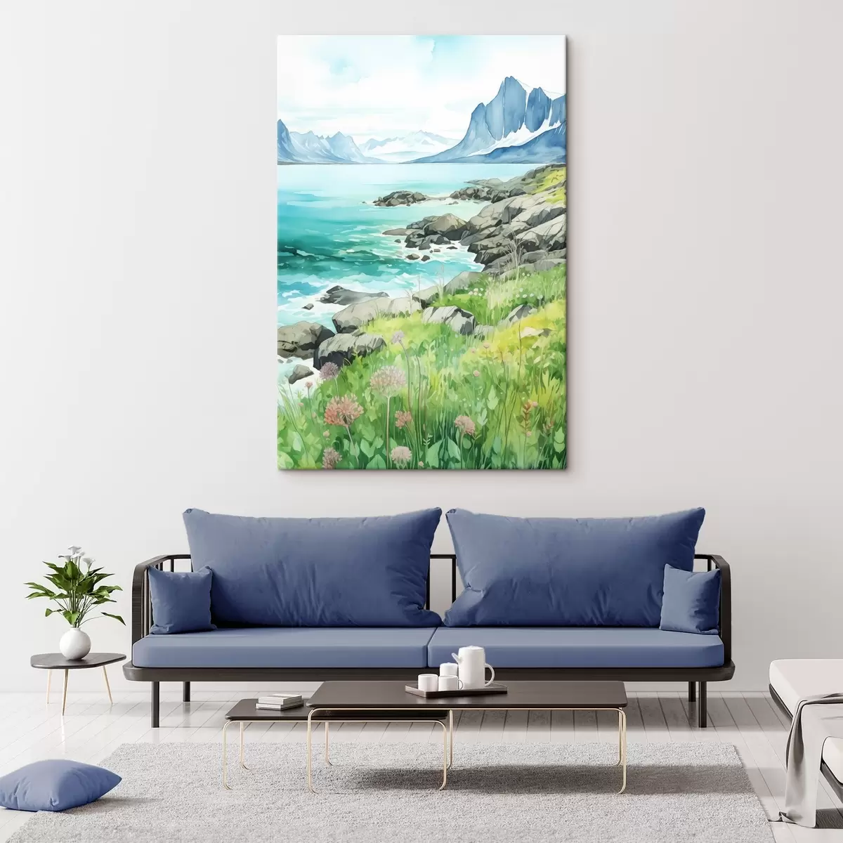 Wandbilder Norwegen Natur, Fjorde, Sommerlandschaft, grünes Gras, Berge, Aquarellstil s43188