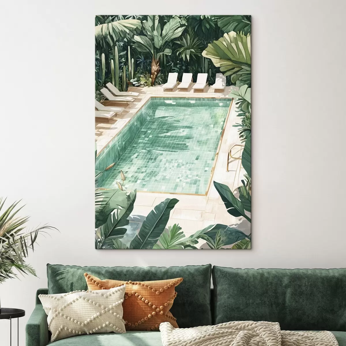 Wandbilder Sommer-Pool im grünen Garten, Vintage-Stil, Aquarell s43189