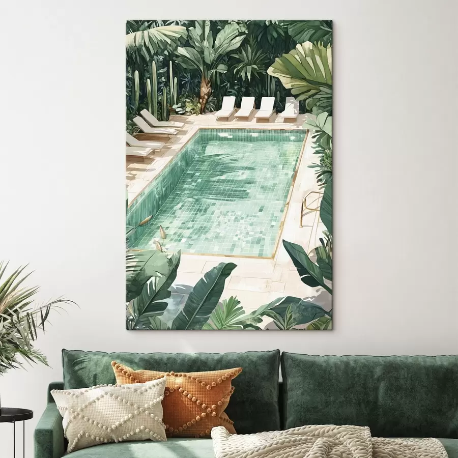 Wandbilder Sommer-Pool im grünen Garten, Vintage-Stil, Aquarell s43189