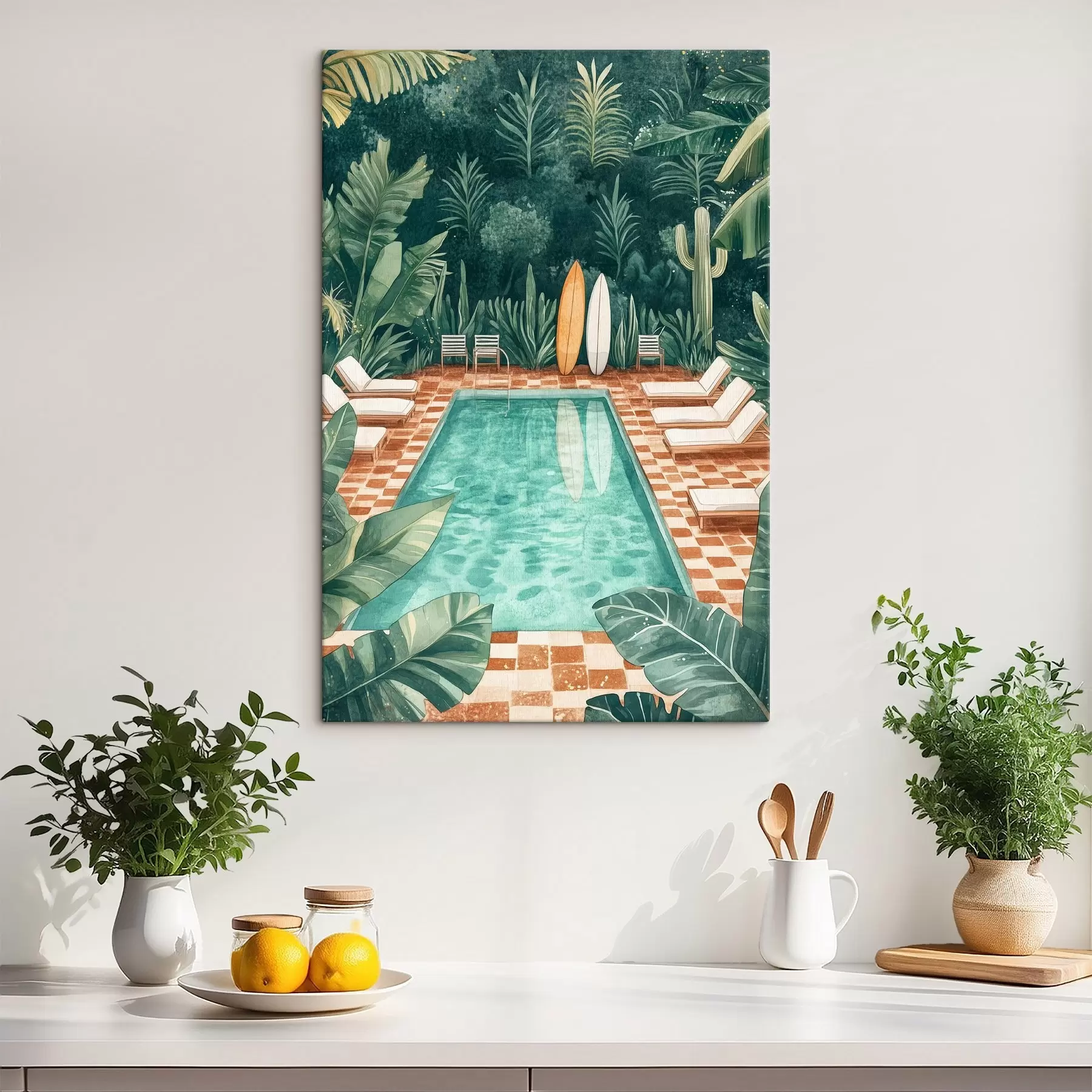 Wandbilder Vintage-Sommer-Pool, tropischer Wald, Grünzeug, Palmen, Aquarell-Stil s43191
