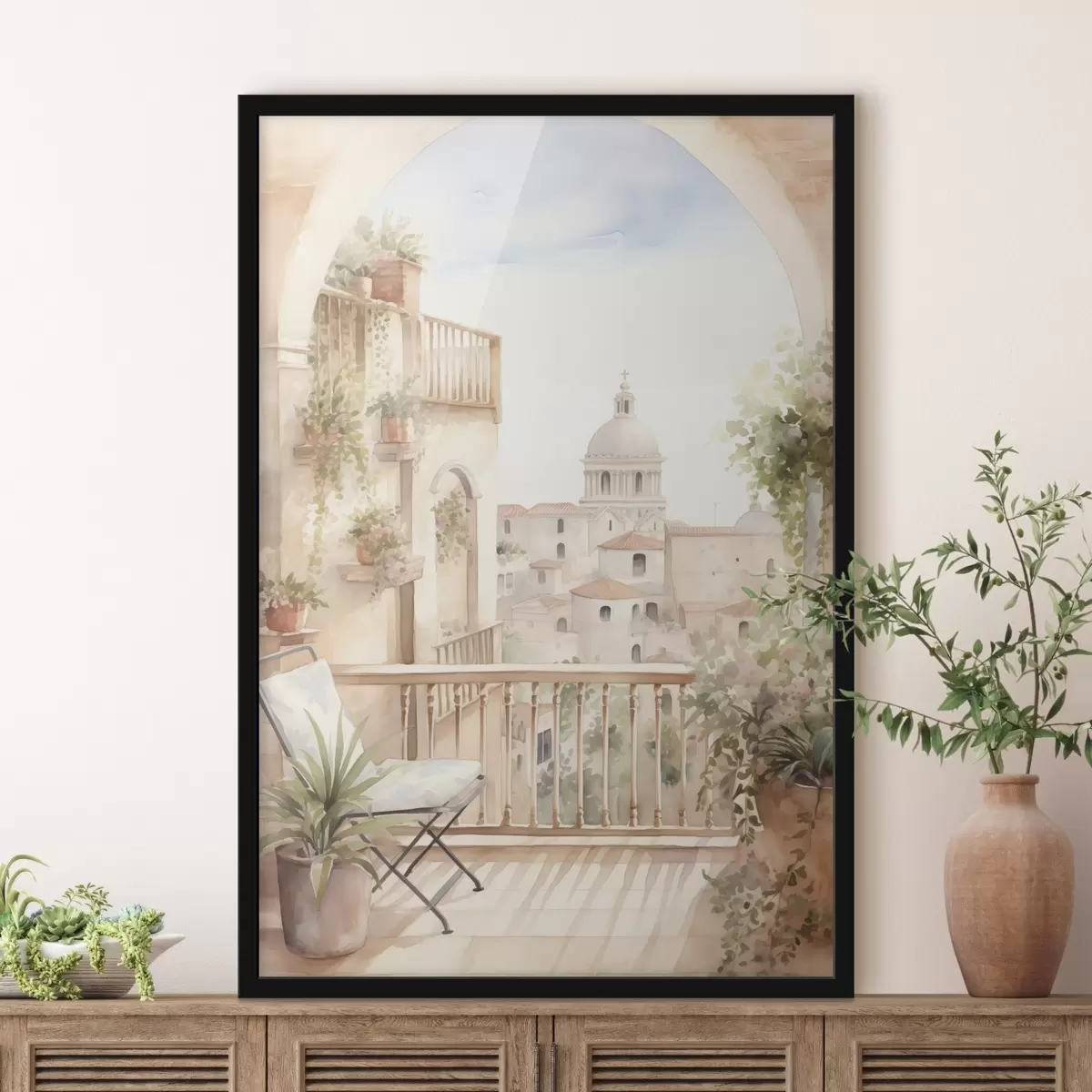 Poster Ästhetischer Sommerbalkon, Spanien, alte Architektur, Blomming, Aquarellstil f43180