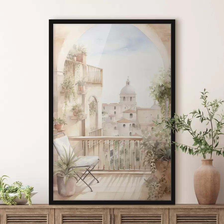 Fototapete Ästhetischer Sommerbalkon, Spanien, alte Architektur, Blomming, Aquarellstil f43180