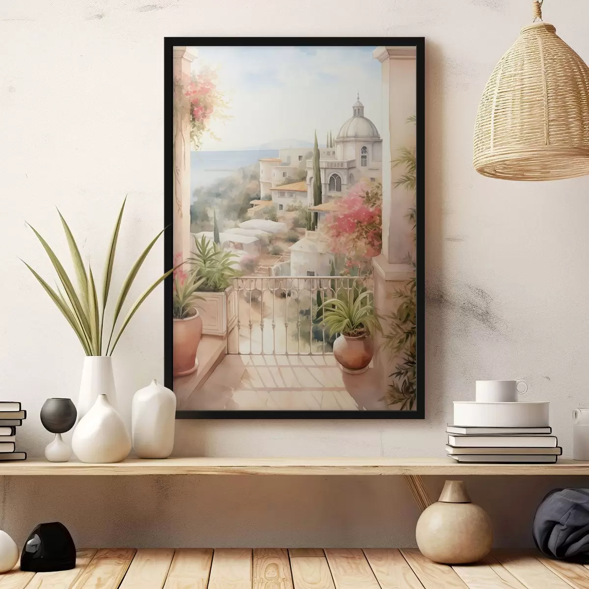 Poster Spanien Sommerlandschaft, mediterrane Architektur, Aquarellstil f43181