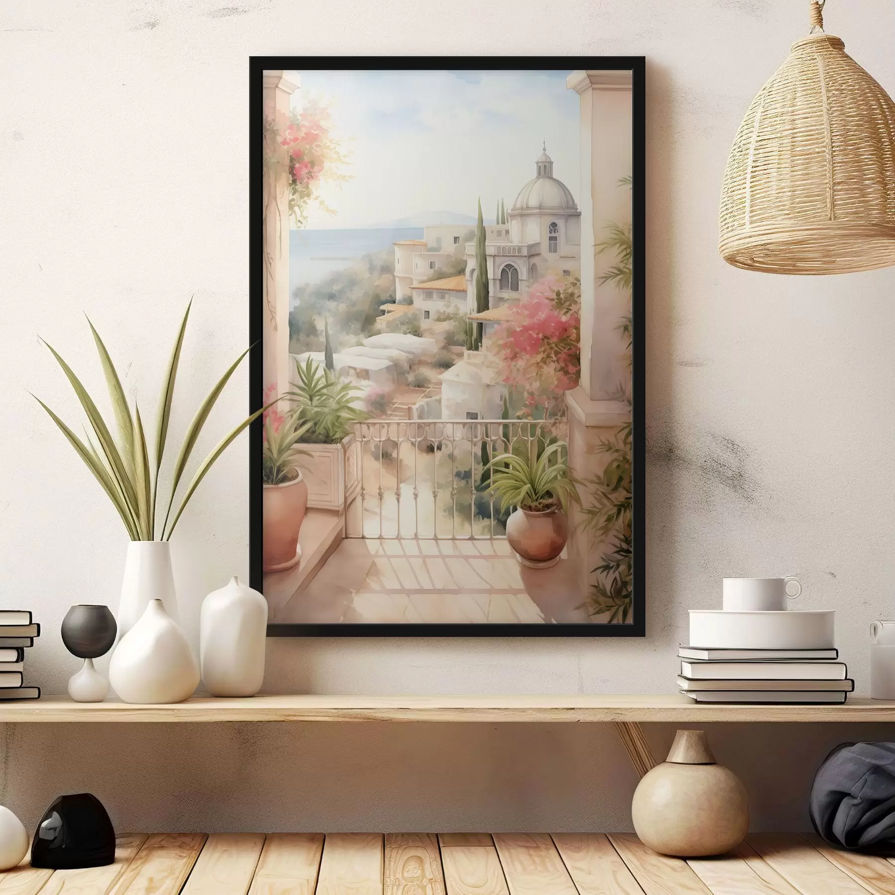Fototapete Spanien Sommerlandschaft, mediterrane Architektur, Aquarellstil f43181