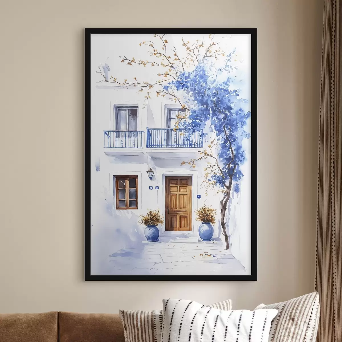 Poster Blühender Baum mit blauen Blumen, weißes Haus, Griechenland, Aquarellstil f43183