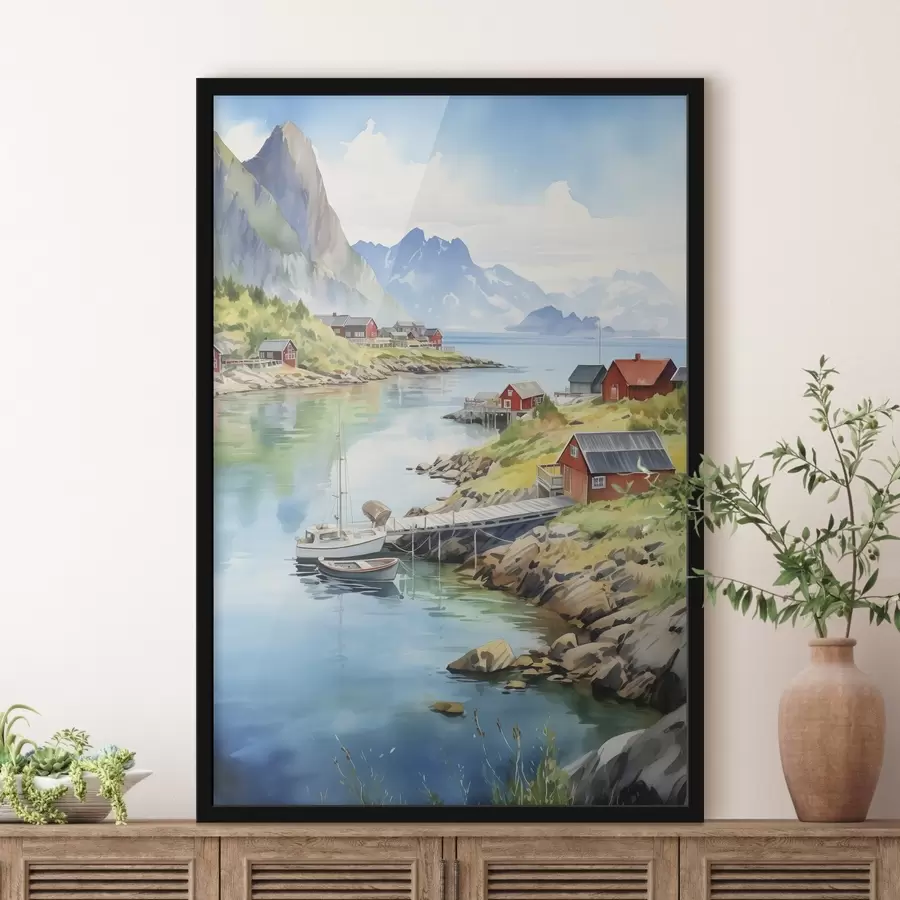 Fototapete Lofoten Inseln Sommerlandschaft, rote Häuser, Berge, Boote f43187