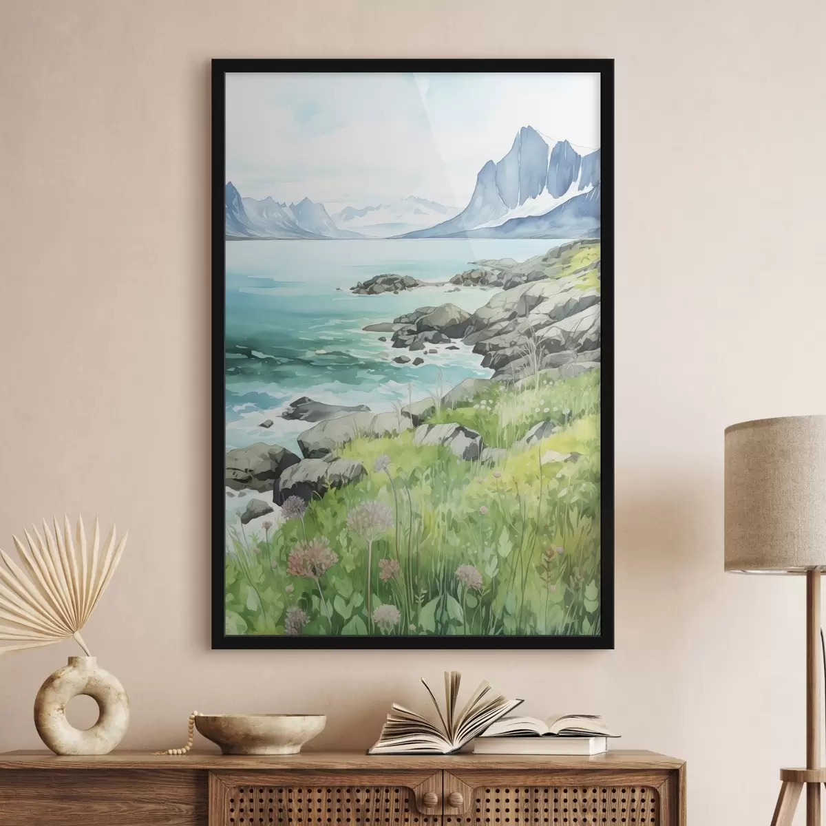Poster Norwegen Natur, Fjorde, Sommerlandschaft, grünes Gras, Berge, Aquarellstil f43188
