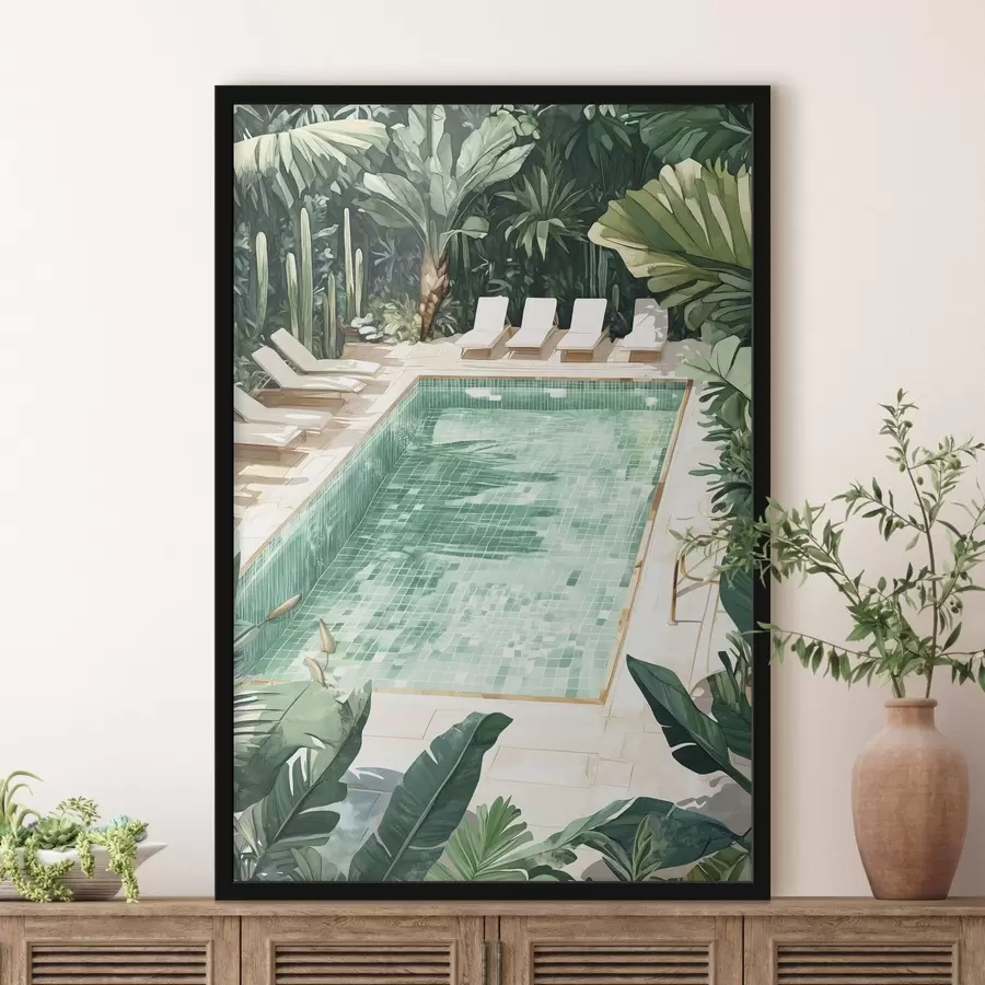 Fototapete Sommer-Pool im grünen Garten, Vintage-Stil, Aquarell f43189