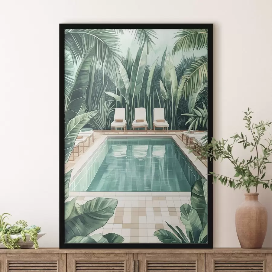 Fototapete Ästhetischer Sommerpool im tropischen Garten, Aquarellstil f43192