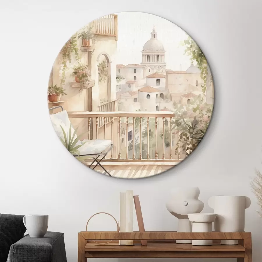 Wandbilder Ästhetischer Sommerbalkon, Spanien, alte Architektur, Blomming, Aquarellstil r43180