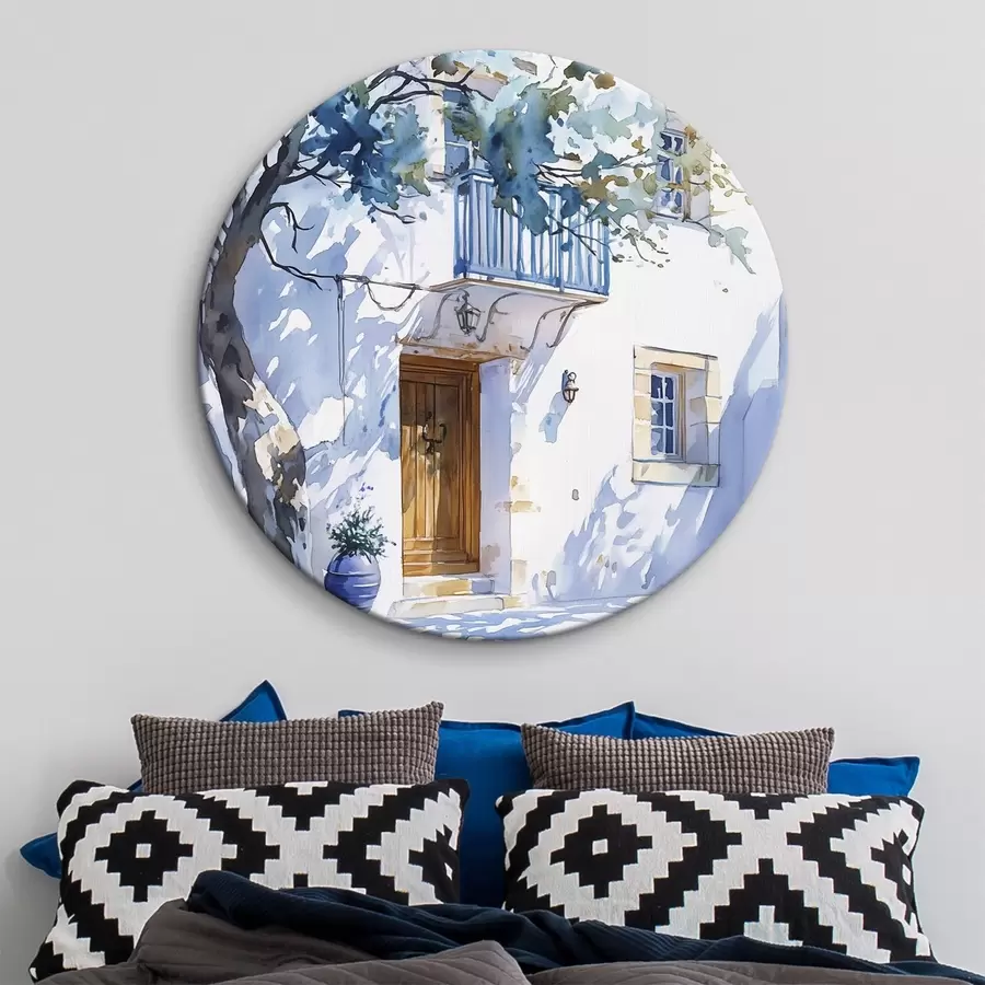 Wandbilder Aquarellstil, griechisches Haus, blühender Baum, Architektur r43182