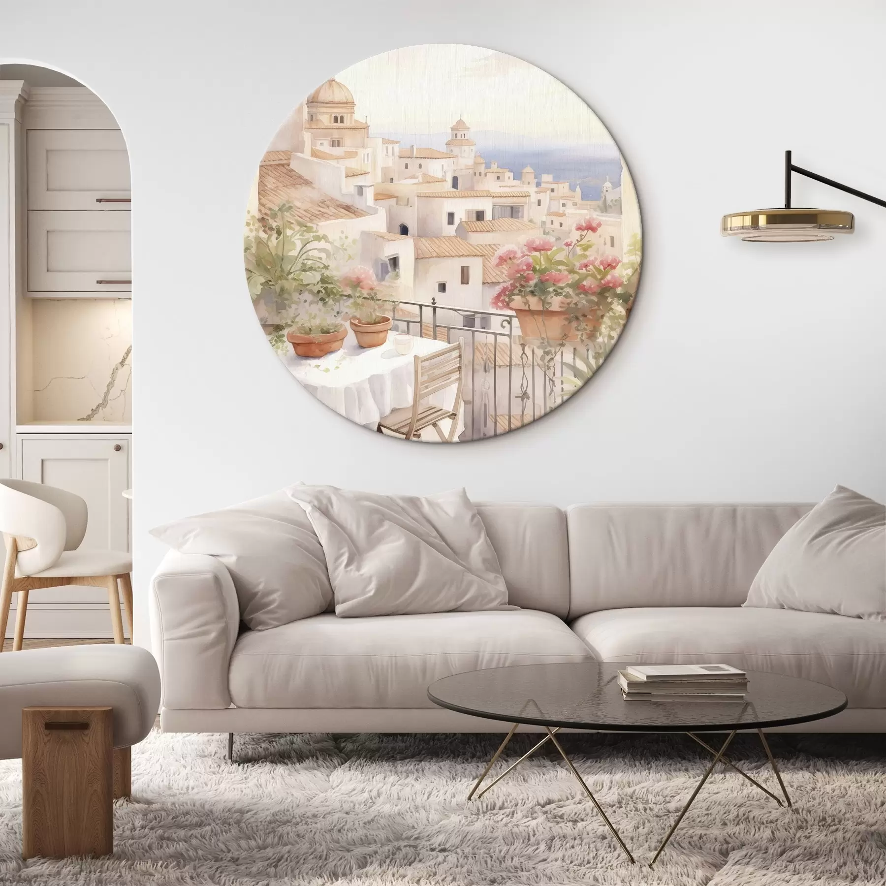 Wandbilder Sonnenuntergang auf dem Balkon, Italien, Architektur, blühende Blumen, Aquarellstil r43184