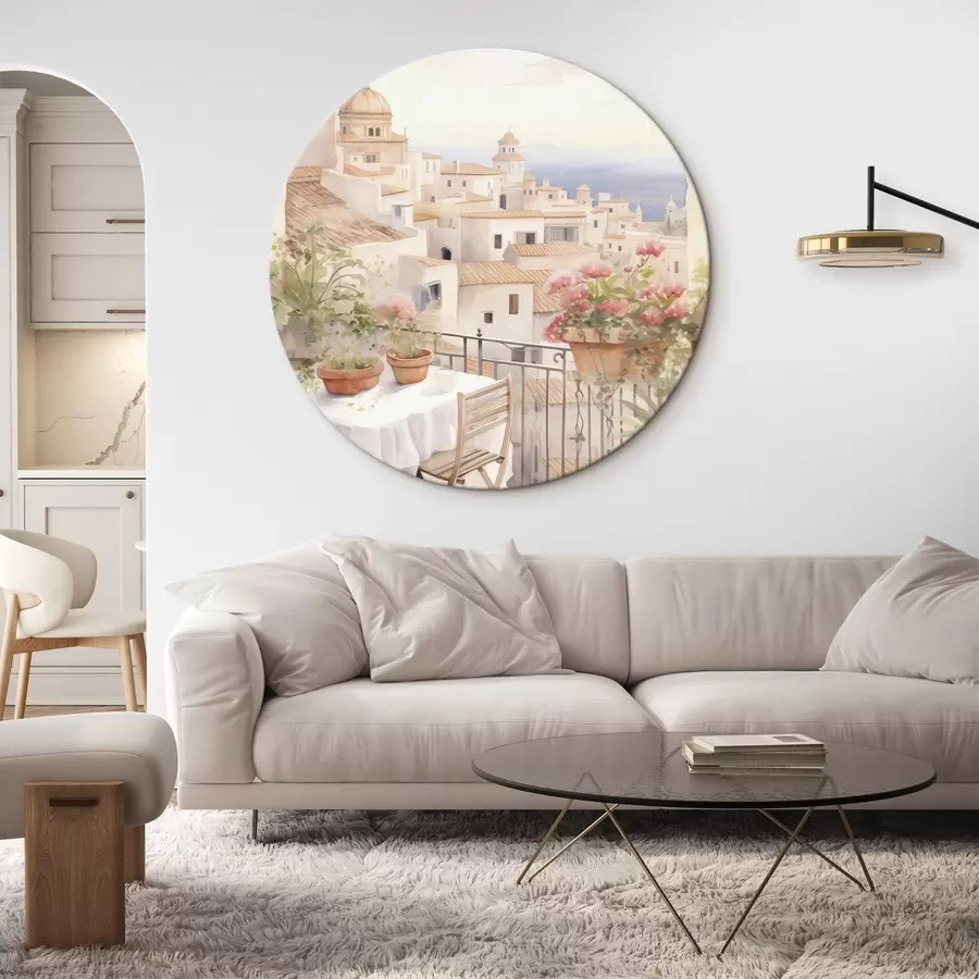 Wandbilder Sonnenuntergang auf dem Balkon, Italien, Architektur, blühende Blumen, Aquarellstil r43184