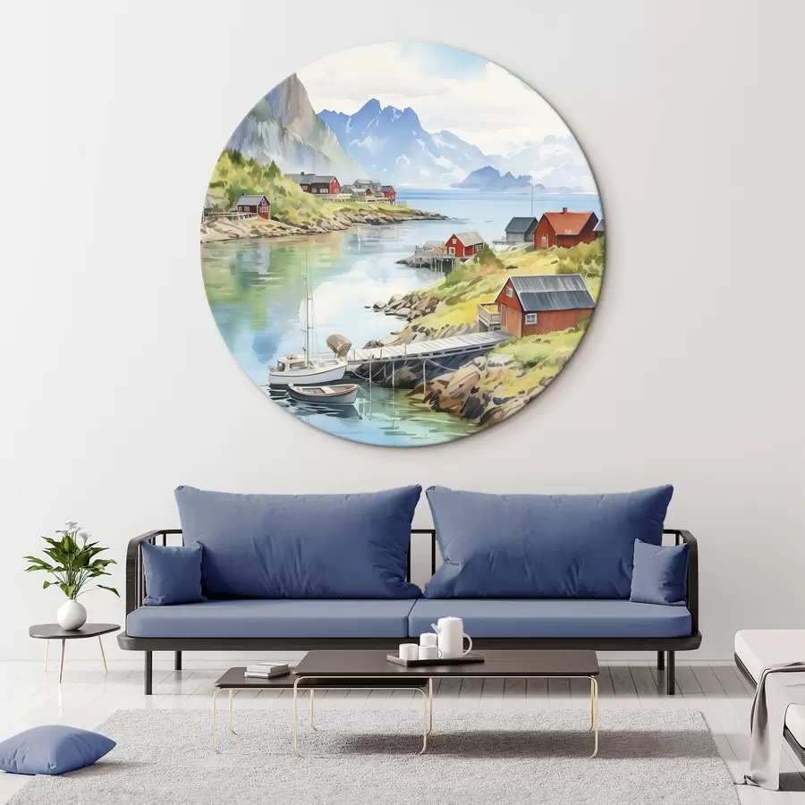 Wandbilder Lofoten Inseln Sommerlandschaft, rote Häuser, Berge, Boote r43187