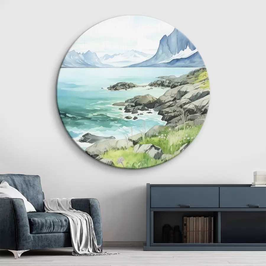 Wandbilder Norwegen Natur, Fjorde, Sommerlandschaft, grünes Gras, Berge, Aquarellstil r43188