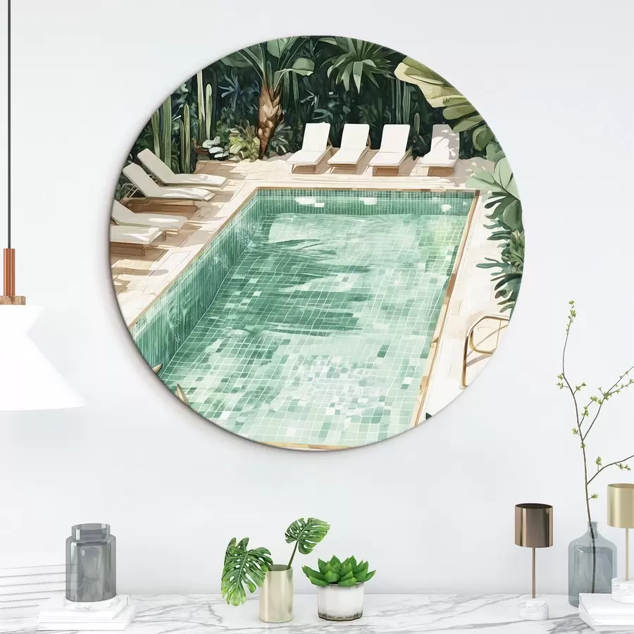 Wandbilder Sommer-Pool im grünen Garten, Vintage-Stil, Aquarell r43189