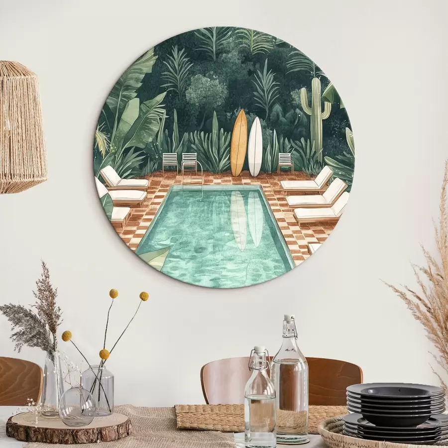 Wandbilder Vintage-Sommer-Pool, tropischer Wald, Grünzeug, Palmen, Aquarell-Stil r43191