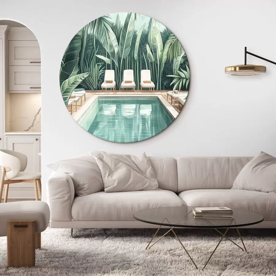 Wandbilder Ästhetischer Sommerpool im tropischen Garten, Aquarellstil r43192