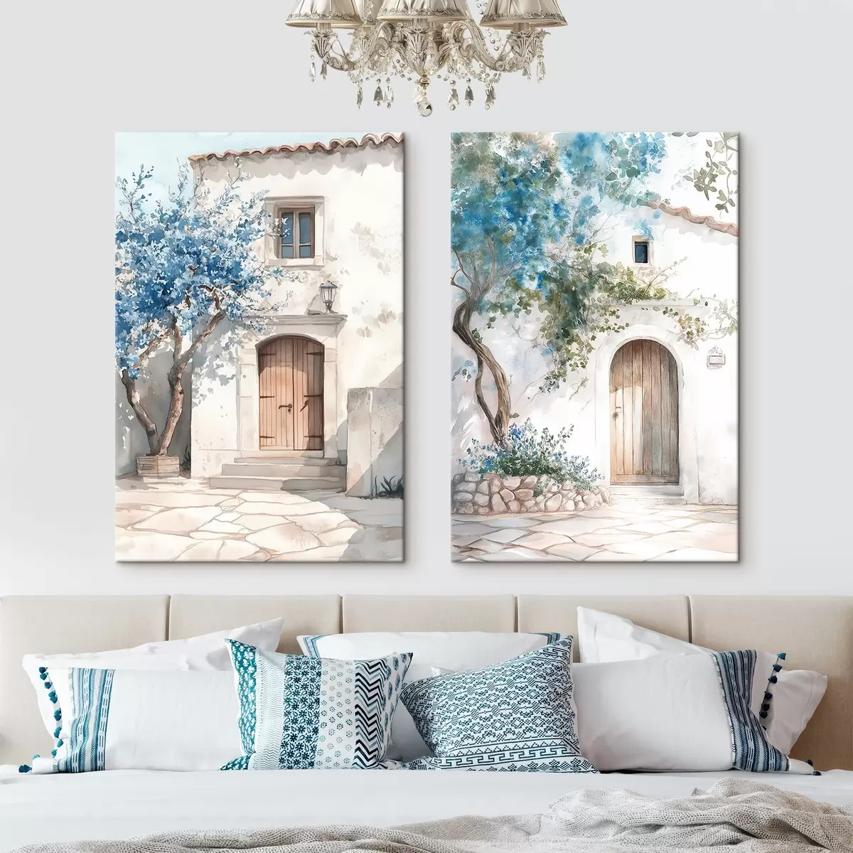 Wandbilder Griechische weiße Häuser mit blühenden Bäumen, mediterran, Aquarell-Stil Zeichnung m00419