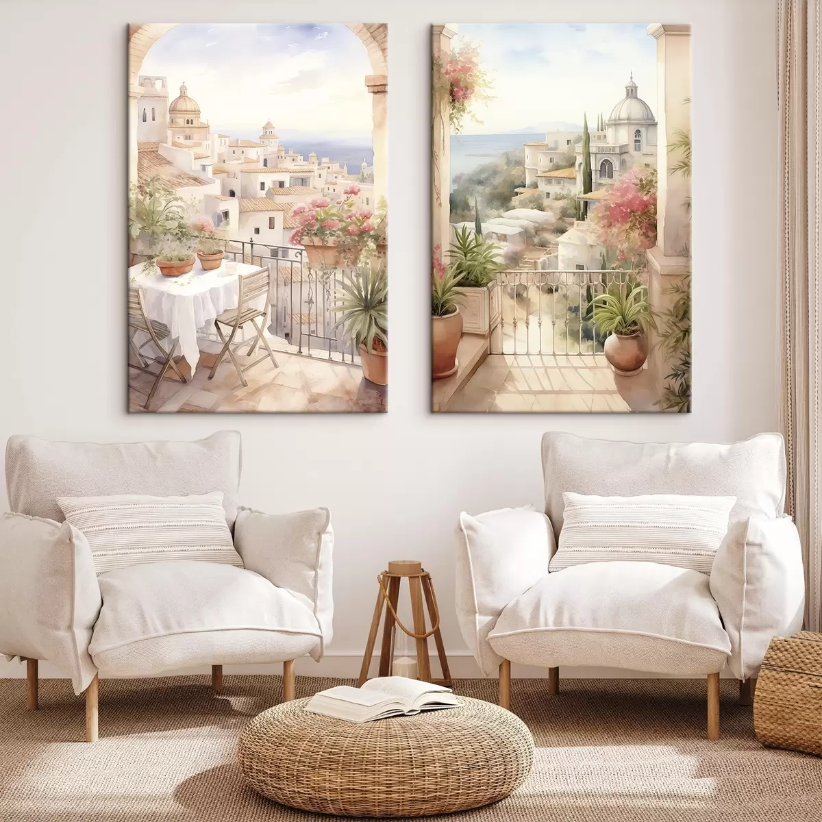 Wandbilder Sonnenuntergang auf dem Balkon, Architektur, blühende Blumen, Aquarellstil, mediterran m00420